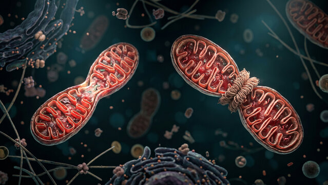 3D medical illustration of mitochondrial fission showing dynamin-related protein 1 wrapping around the division site