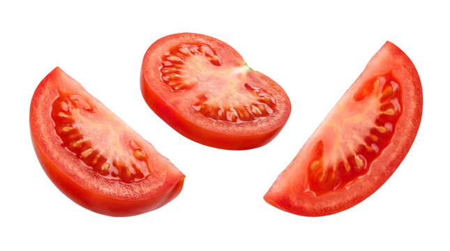Three fresh red tomato slices arranged together as an isolated object on a transparent background for food design isolated on transparent background