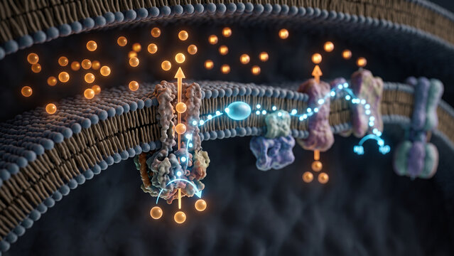 3D medical illustration of the mitochondrial electron transport chain showing proton pumping and electron transfer