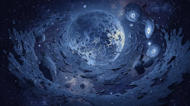 A captivating celestial scene showcasing a shattered moon gracefully surrounded by swirling galaxies, with each fragment elegantly representing a different star system. The deep blues and blacks of s