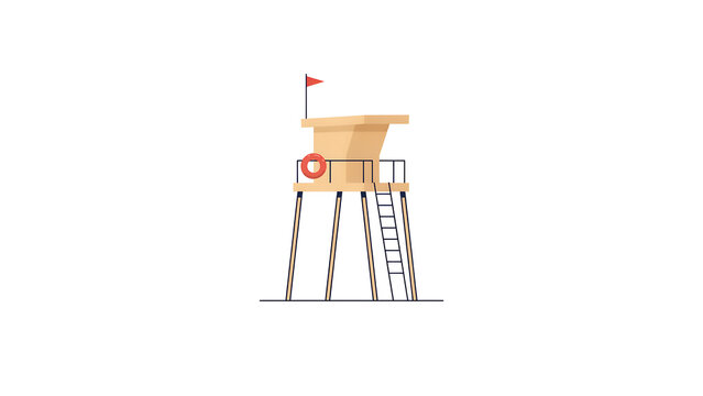 Lifeguard tower illustration on white background, wooden beach rescue station with red flag and lifebuoy, coastal safety watchtower icon