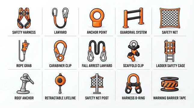 Collection of industrial and construction safety equipment icons: harnesses lanyards anchors guardrails fall protection gear with pull tested equipment industrial construction protection arrester