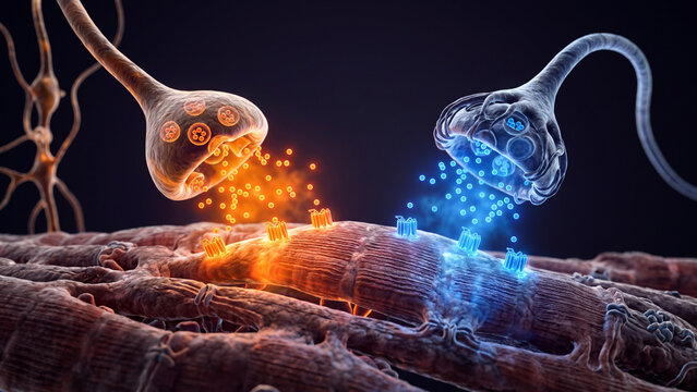 3D medical illustration comparing excitatory and inhibitory synapses on a postsynaptic neuron