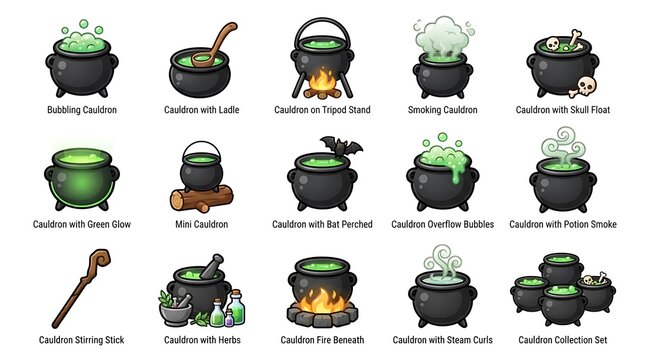 Witch cauldron magic potion icons and sorcery elements with cauldron halloween bubbling mystical supernatural ingredient mysterious illustration tradition celebration witchcraft enchantment