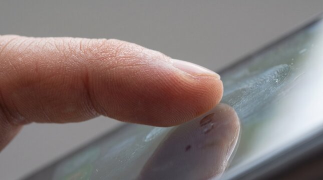 Close up of human finger touching glass touchscreen on tablet device, modern mobile technology and biometric access concept