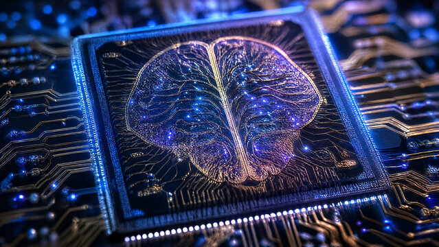 Macro close up of microchip processor with digital brain pattern, artificial intelligence neural network and computing hardware concept
