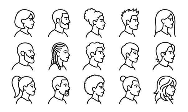 Set of diverse human head profile sketches showing various hairstyles and facial features in line art style