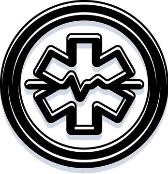 Medical symbol featuring the caduceus like cross and a heartbeat line within a circular boundary, signifying healthcare, emergency care, and life saving efforts