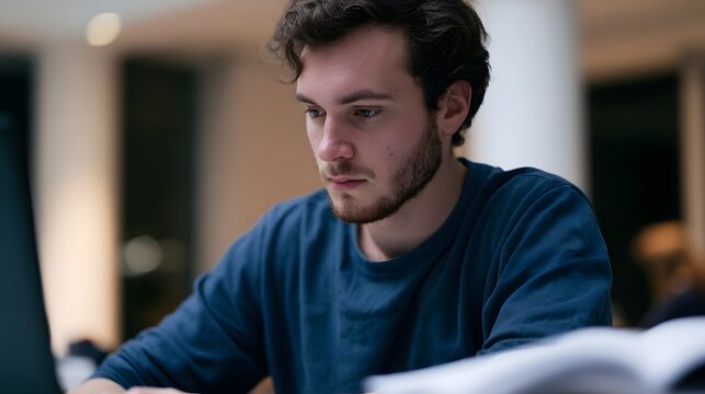 A young man with curly hair and a beard is focused on work at a desk indoors under soft lighting