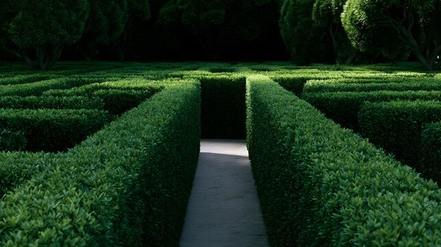 A narrow path winds through a dense hedge maze under d d sunlight  surrounded by tall trees and lush greenery