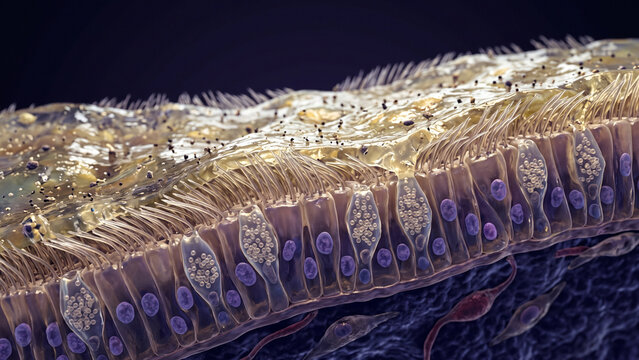 3D medical illustration of ciliated respiratory epithelium showing trapping of pathogens and dust particles in the mucus layer