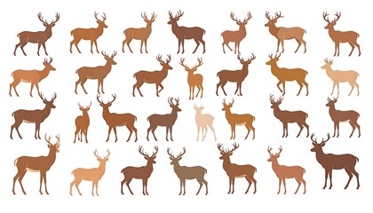 Pixelated deer silhouettes set, different poses and antler styles, brown and beige color palette, digital illustration © supri