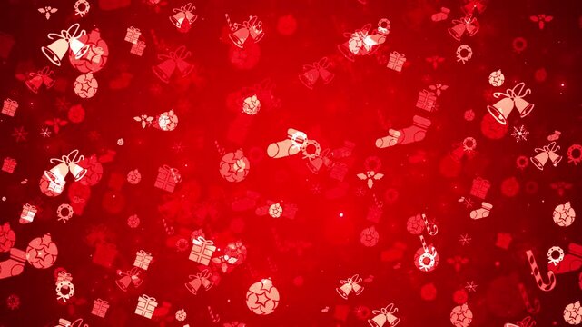 Red Christmas scene with floating bells, gifts, ornaments, stockings, wreaths, snowflakes, and candy symbols. Ideal for holiday greetings, festive promos, seasonal loops, party videos, and winter ads.