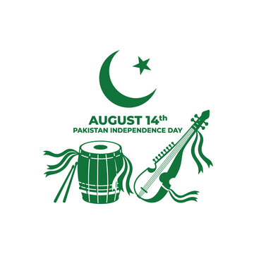 Pakistan Independence Day August 14th vector illustration, green crescent moon and star with traditional dhol drum and rubab musical instruments