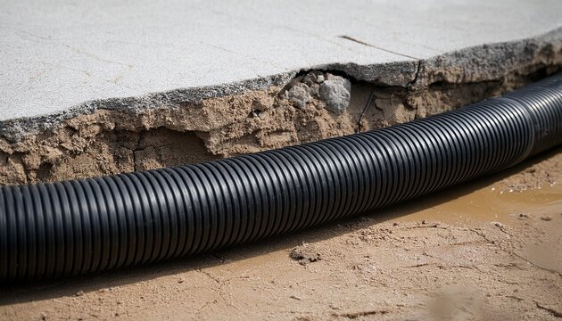 a black soil suction pipe used for radon mitigation installed through a crack in a concrete floor