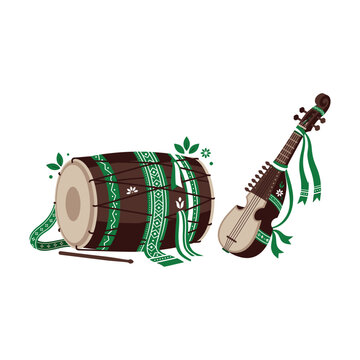 Traditional Pakistani musical instruments, dhol drum and sarangi string instrument with green ribbons, folk music vector illustration for independence day