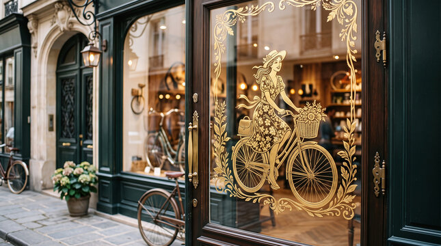 gold leaf illustration of elegant woman riding bicycle on glass door of posh boutique