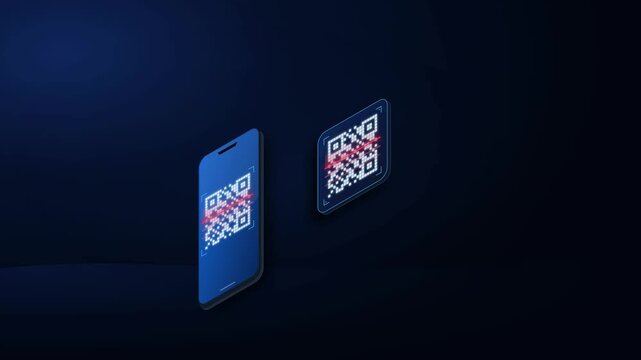 Futuristic isometric smartphone scanning QR code for secure digital payment and access.
