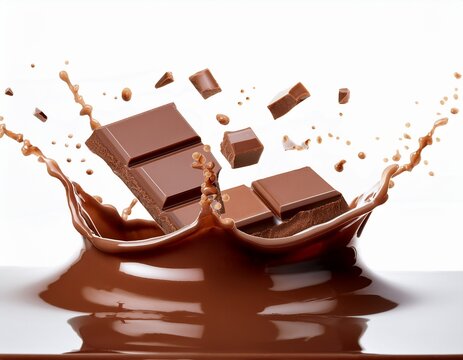 chocolate milk splash with droplets flying in all directions and pieces of chocolate breaking apart isolated on a white background