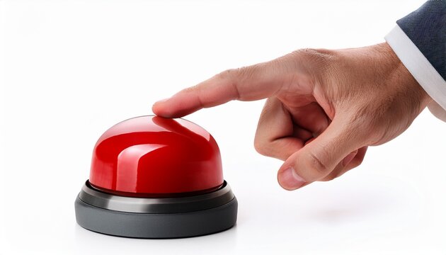 hand pushing a red buzzer isolated on a white background or white background concept of a breakup or new beginning