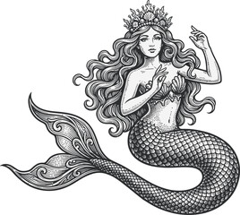 Fototapeta premium Mermaid with crown illustration. Mythical sea creature in vintage ink style.