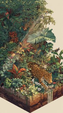 An isometric depiction of a lush tropical jungle showcasing a graceful jaguar as it prowls among the vibrant foliage. The scene is alive with exotic birds fluttering nearby, while distant thunder ech