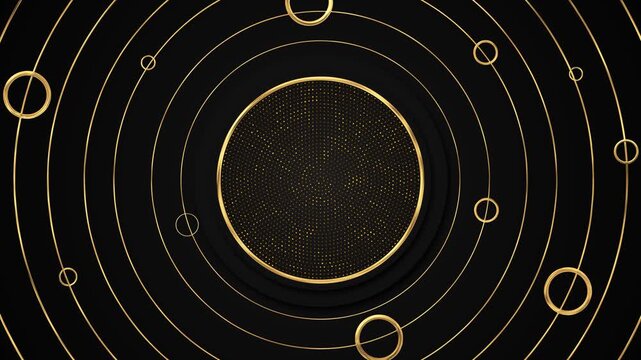 Elegant black background with concentric golden rings, orbiting circles, and a dotted central disc. Ideal for luxury branding, premium titles, formal invitations, product showcases, and presentations.