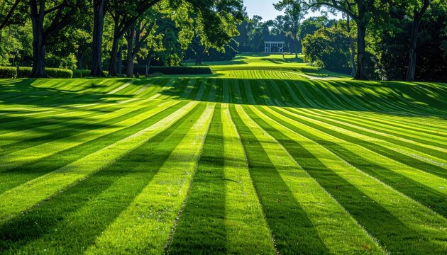 Manicured green lawn with symmetrical mown grass stripes.