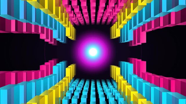 Abstract 3D voxel spatial corridor features glowing neon data blocks in deep perspective