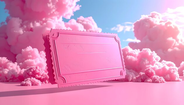 Pink framed blank ticket or certificate against fluffy pink clouds and blue sky, dreamlike atmosphere
