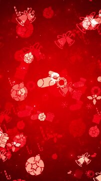 Crimson holiday icons drift across a bright festive scene featuring chimes, packages, baubles, socks, garlands, and snow. Ideal for New Year messages, family greetings, seasonal ads and event screens.
