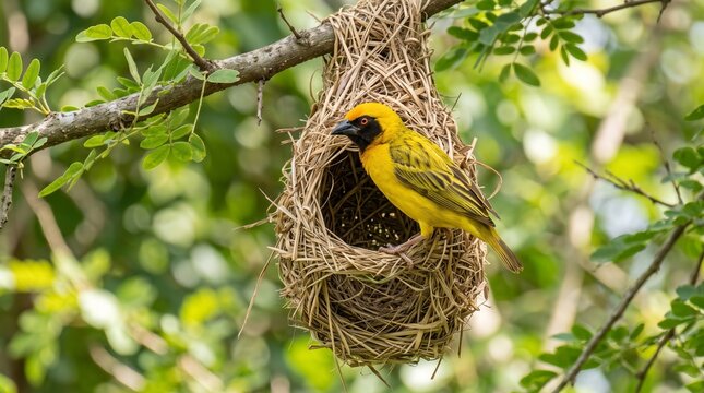 Southern Masked Weaver Bird Perched on Hanging Woven Nest in Tree
