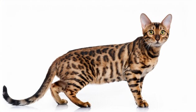 bengal cat standing alert isolated on a white background