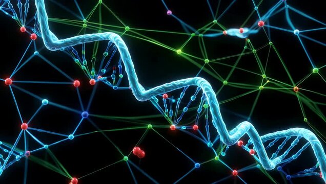 Futuristic 4K medical graphic visualizing a network of spinning DNA strands morphing into digital data nodes on a dark screen exploring the intersection of genetics and computer science