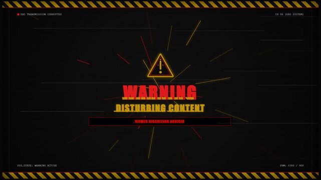 Digital emergency broadcast alert with disturbing content warning and glitch animation