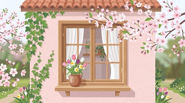 A beautiful spring scene featuring a cozy cottage window decorated with a vibrant bouquet of flowers and surrounded by blooming cherry trees