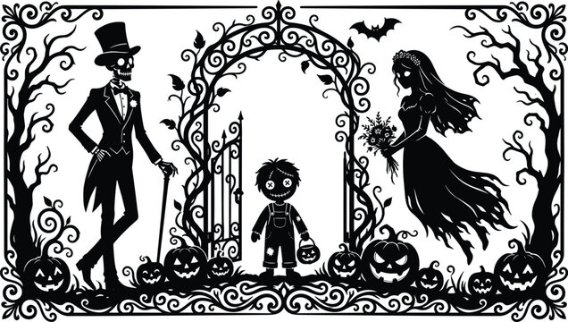 Gothic halloween scene with skeleton groom ghost bride and chucky doll at gate