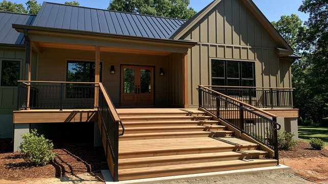 Elegent photo of A modern farmhouse exterior features a wide wooden deck with black railings and stairs. This inviting home entrance illustrates contemporary residential architecture design.
