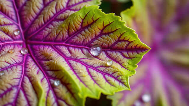 Vibrant green and purple shiso perilla leaf macro with fresh water droplets and vivid veins for japanese herb and natural botanical background.