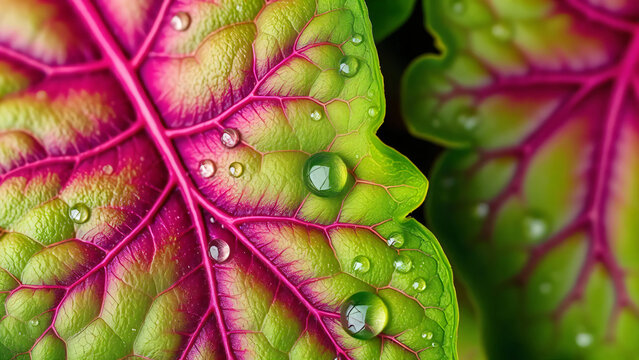 Vibrant green and pink shiso perilla leaves with fresh water droplets for natural japanese herb and botanical background design concept closeup.
