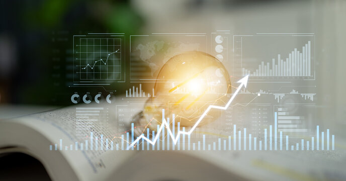 A light bulb radiates creativity and innovation over an open book, surrounded by financial graphs and charts, symbolizing growth and insight in business analysis. Scalp