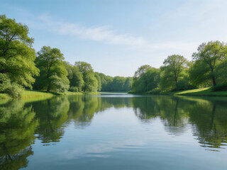 Fototapeta premium Calm lake surrounded by green trees