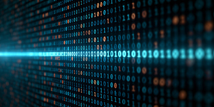 Digital binary code stream with glowing data flow. Concept for big data processing, cybersecurity and information.
