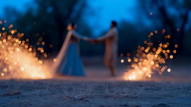 Indian couple dancing together during traditional celebration. Ethereal scene featuring woman and man holding hands surrounded by glowing fireworks at twilight.