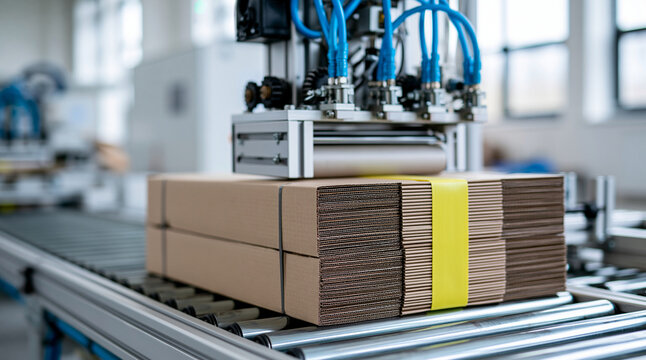 Industrial machinery strapping cardboard boxes on a conveyor belt. Concept of automated packaging and logistics.