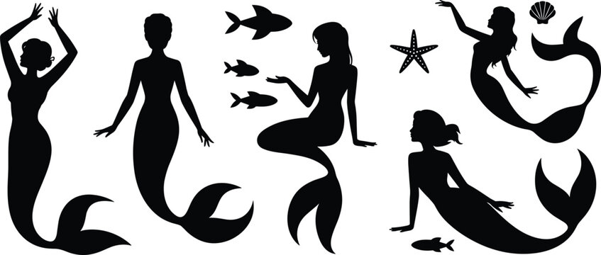 Collection of black silhouettes featuring mermaids in various poses, swimming fish, a starfish, and a seashell on a plain white background