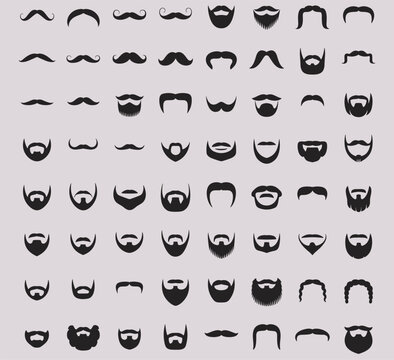 Collection of various black mustache and beard facial hair styles for men, grooming shapes, set on a light gray background