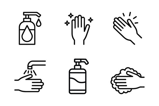 Outline set of hand washing and sanitizer icons,