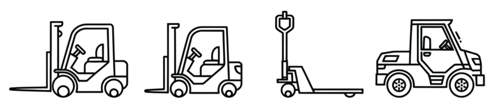 Outline set of forklift and pallet truck icons,