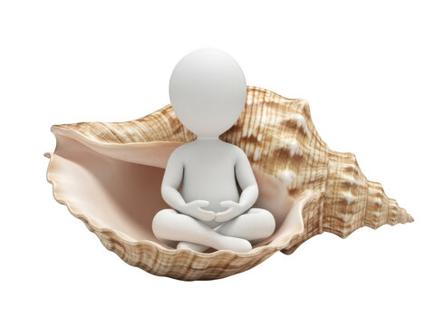 3d white character meditating while sitting inside a large seashell